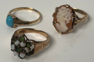 Two 9ct yellow gold rings and one other; 9ct gold and carved cameo ring- ring size M, 9ct gold