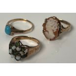 Two 9ct yellow gold rings and one other; 9ct gold and carved cameo ring- ring size M, 9ct gold