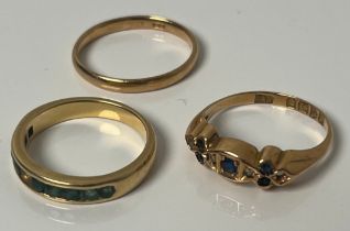 Three various 18ct yellow gold rings; 18ct gold wedding band- ring size M, 18ct gold, diamond and