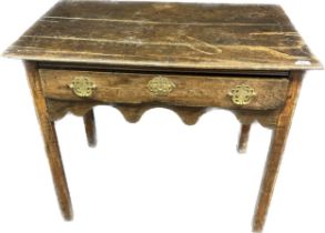 18th century oak desk; rectangular top section, single frieze drawer fitted with brass panels and