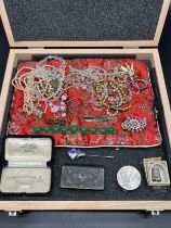 A Collection of jewellery and various odds; Boxed isle of man pin, Ornate vesta case, Ermani Bulatti