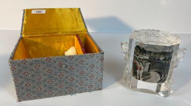 A Chinese reversed hand painted castle/bridge scene preserve jar with cover in silk box [12cm]