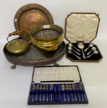 A selection of copper & brass ware; A large copper serving platter with paw feet, amber handled