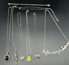 A Selection of silver 925 necklaces and pendants; silver Modernist couple necklace, Murano silver