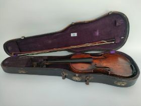 An antique interesting violin with bow & case with name B.Norman on neck [59cm]