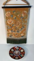 A Vintage Chinese silk wall hanging tapestry depicting floral and bird design along with a