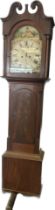 A 19th century Mahogany long case grandfather clock; panel painted dial. comes with pendulum and two