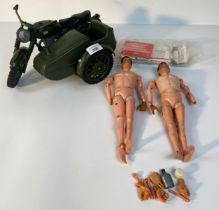 Two 1964 Action Man figures with spare parts and Vintage Palitoy Action Man Side-Car Motorcycle