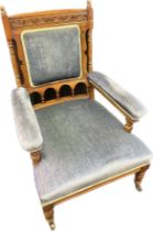 19th century oak library chair, upholstered in a blue material [84cm high]