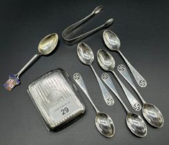 Various silver items; Birmingham silver cigarette case, A Set of six London silver tea spoons and