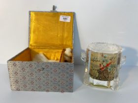 A Chinese reversed hand painted bird scene preserve jar with glass cover in silk box [12cm]