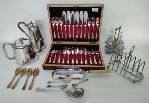 A collection of Silver plated ware; Sheffield plated cutlery set in fitted box, silver plated crum