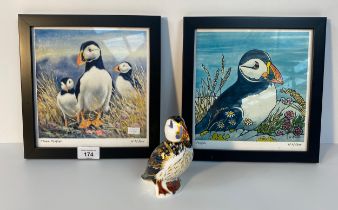 A Royal Crown Derby puffin paperweight along with A Pair of W.M. Kerr puffin scene prints [11cm
