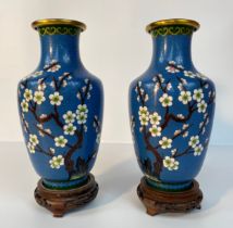 A Pair of cloisonné blue enamelled vases set with tree & bird scene design supported on fruit wood