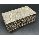 Ornate Birmingham silver jewel box. Produced by Levi & Salaman. Blue velvet interior. [4x10.5x6cm]