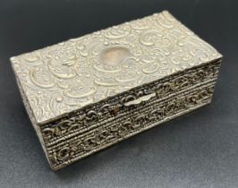 Ornate Birmingham silver jewel box. Produced by Levi & Salaman. Blue velvet interior. [4x10.5x6cm]