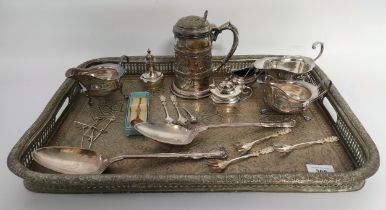 A collection of silver plated Ware's; a large gallery tray, tankard, cream jugs & cutlery