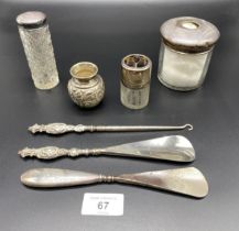 A Selection of silver items; small 925 silver raised relief bulbous vase, Two silver lidded and
