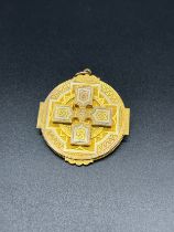 Victorian 14ct yellow gold and enamel locket/ mourning brooch. Celtic style cross with engraving