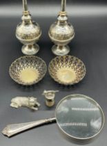 A Selection of silver and silver plated items; F&B Sterling silver handle magnifying glass, Pair