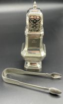 London silver sugar sifter and a set of Georgian silver sugar tongs. Sugar shaker- Roberts & Dore