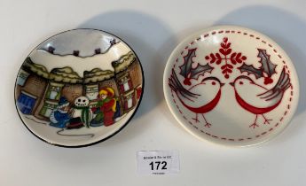 A Collection of two Moorcroft pin dishes 'Winter snowman building scene' & robin scene [12cm]