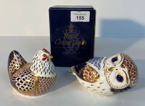 A Royal crown derby tawny owl & cockerel paperweight with stoppers