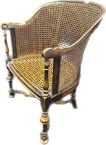 19th century berger chair, carved scroll detail to the arms, raised on turned legs and supported