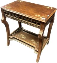 19th century table, the rectangular top above a bar frieze and lower gallery shelf, with gilt