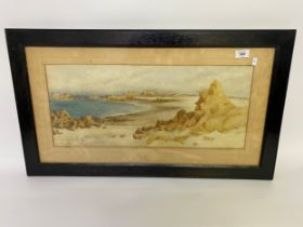 A Watercolour colour depicting rocks of Guernsey by E.S Cheeswright with guernsey documentation to