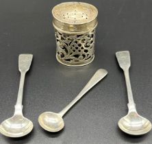 Birmingham silver pepper pot and three silver condiment ladles; Pepper pot with blue liner present