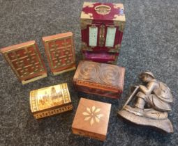 Oriental collectable odds, decorative carved boxes, brass bookends, brass inlaid trinket box and