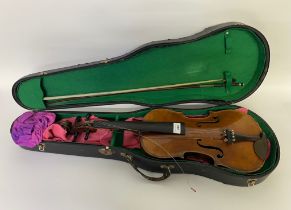 An antique full size violin with bow initials DV in fitted vintage case [65cm] [needs attention]