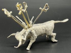 Mexico 925 Sterling bull figure cocktail pick holder. Four silver sword and two brass sword