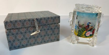 A Chinese reversed hand painted bird scene preserve jar with glass cover in silk box [12cm]