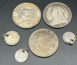 A Selection of coins; 1889 silver and enamel worked Queen Victoria crown coin, 1899 silver Queen