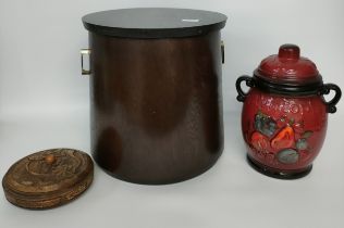 A vintage coal bin, a carved Wooden dish along with Rumtopf 1960s fruit jar with cover [37cm