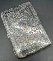 Highly decorative Birmingham silver card case, fitted leather interior with revolving pencil and