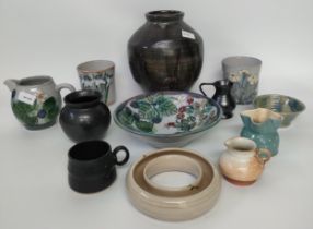 A collection of studio pottery; Scottish highland Studio pottery & large studio pottery vase