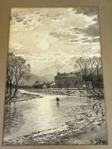 TOM SCOTT R.S.A., R.S.W (SCOTTISH 1854-1927) Original black and white wash watercolour titled 'Tweed