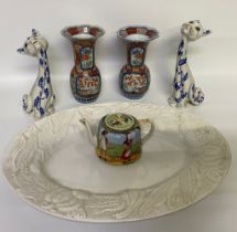 A collection of two Japanese bird & flowers vases with six character signature, a pair of blue &