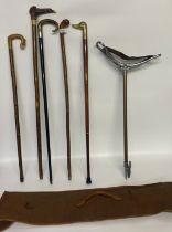 A Collection of antique walking cains & shooting stick; Brass topped duck head walking stick with