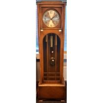 20th century oak cased grandfather clock, comes with three weights and pendulum. [194x55x30cm]