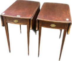 A pair of Edwardian mahogany drop end tables, the top with fold down sides above a frieze drawer,