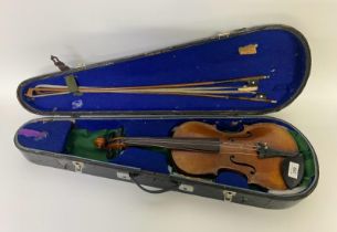 An antique violin with two bows one signed Alexander in fitted coffin case [54cm]