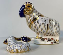 A Royal Crown Derby Paperweight Ram paperweight with stopper along with Royal crown derby sheep [
