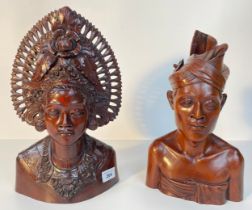 A Pair of Mid 20th century carved bust of Balinese woman & man [34cm]