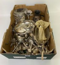 A box of silver plated ware flat wares; king pattern style cutlery & wine bin