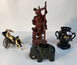 A selection of oriental collectables; Japanese bronze vase, elephant bronze censor pot, Oriental