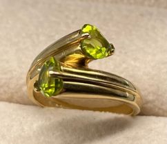 14ct yellow gold ring set with two green tourmaline gem stones. [Ring size L] [4.23Grams]
